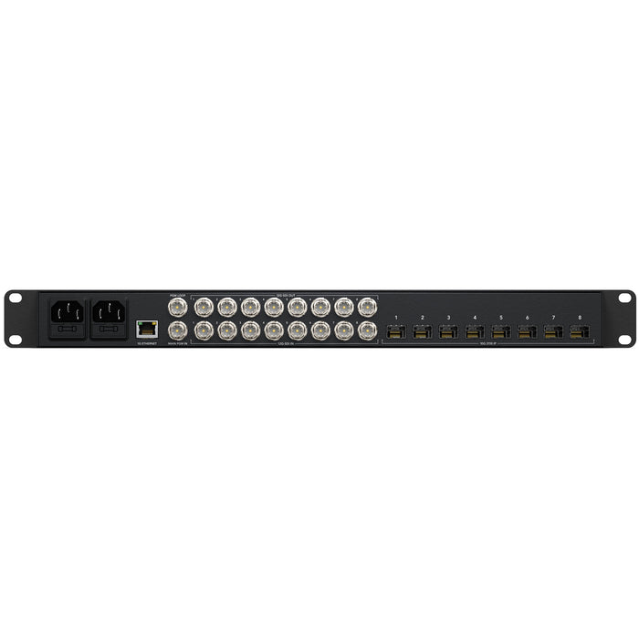 The Blackmagic Design 2110 IP Converter (model CONVNVIPC812GSFP) is a bi-directional 8-channel 12G-SDI to SMPTE ST 2110 IP video converter. It features eight 10G Ethernet SFP modules for optical fiber connectivity and supports HD and Ultra HD standards up to 2160p60. The device includes a control panel and an LCD for status monitoring. 