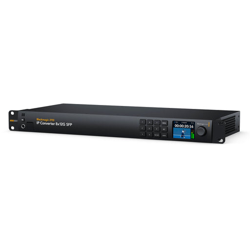 The Blackmagic Design 2110 IP Converter (model CONVNVIPC812GSFP) is a bi-directional 8-channel 12G-SDI to SMPTE ST 2110 IP video converter. It features eight 10G Ethernet SFP modules for optical fiber connectivity and supports HD and Ultra HD standards up to 2160p60. The device includes a control panel and an LCD for status monitoring. 