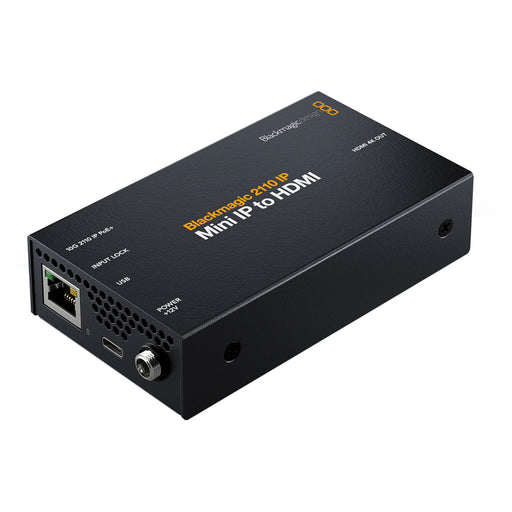 The Blackmagic Design Teranex Mini SDI to HDMI 8K HDR Converter (model CONVN8TRM/AA/SDIH) is a compact, rack-mountable device designed for professional 8K HDMI monitoring. It features a sleek, matte black finish with a front panel that includes a 2.2-inch color LCD screen for real-time signal monitoring, control buttons, and a rotary knob for intuitive navigation. The rear panel is equipped with four HDMI 2.0 Type A connectors, allowing connection to 8K televisions or monitors that feature quad HDMI inputs.