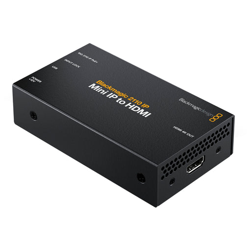 The Blackmagic Design Teranex Mini SDI to HDMI 8K HDR Converter (model CONVN8TRM/AA/SDIH) is a compact, rack-mountable device designed for professional 8K HDMI monitoring. It features a sleek, matte black finish with a front panel that includes a 2.2-inch color LCD screen for real-time signal monitoring, control buttons, and a rotary knob for intuitive navigation. The rear panel is equipped with four HDMI 2.0 Type A connectors, allowing connection to 8K televisions or monitors that feature quad HDMI inputs.