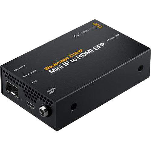 The Blackmagic Design 2110 IP Mini IP to HDMI SFP Converter (model CONVNVIPE/IP/HDMISFP) is designed to facilitate the monitoring of SMPTE-2110 IP video and audio content on HDMI displays. Its compact form factor allows for discreet placement behind displays, and it connects using a standard SFP socket that supports 10G optical fiber Ethernet modules, enabling long-distance connectivity. Additionally, it supports 3G, 6G, and 12G optical fiber SDI modules for compatibility with traditional SDI video setups. 