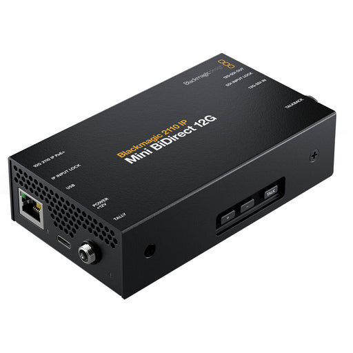 The Blackmagic Design 2110 IP Mini BiDirect 12G SFP Converter (model CONVNVIPF/IP/12G) is a compact device designed to integrate 12G-SDI broadcast cameras with SMPTE-2110 IP video systems. It features a 12G-SDI connection, supporting SD, HD, and Ultra HD standards up to 2160p60, and includes a 5-pin XLR talkback headset connection with volume control and a press-to-talk button. The converter also offers an SFP socket compatible with various optical modules, including 10G Ethernet, 3G-SDI, 6G-SDI or 12G-SDI.