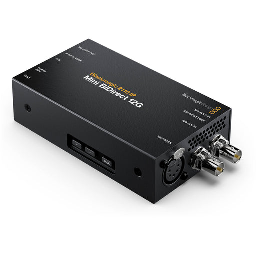 The Blackmagic Design 2110 IP Mini BiDirect 12G SFP Converter (model CONVNVIPF/IP/12G) is a compact device designed to integrate 12G-SDI broadcast cameras with SMPTE-2110 IP video systems. It features a 12G-SDI connection, supporting SD, HD, and Ultra HD standards up to 2160p60, and includes a 5-pin XLR talkback headset connection with volume control and a press-to-talk button. The converter also offers an SFP socket compatible with various optical modules, including 10G Ethernet, 3G-SDI, 6G-SDI or 12G-SDI.