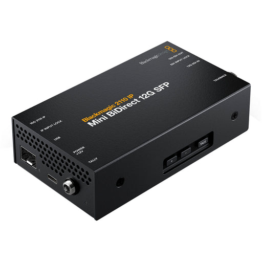 The Blackmagic Design 2110 IP Mini BiDirect 12G SFP Converter (model CONVNVIPF/IP/12GSFP) is a compact device designed to integrate 12G-SDI broadcast cameras with SMPTE-2110 IP video systems. It features a 12G-SDI connection supporting SD, HD, and Ultra HD standards up to 2160p60, and includes a 5-pin XLR talkback headset connection with volume control and a press-to-talk button. The converter also offers an SFP socket compatible with various optical modules, including 10G Ethernet, 3G-SDI, 6G-SDI or 12G-S.