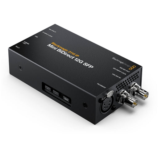The Blackmagic Design 2110 IP Mini BiDirect 12G SFP Converter (model CONVNVIPF/IP/12GSFP) is a compact device designed to integrate 12G-SDI broadcast cameras with SMPTE-2110 IP video systems. It features a 12G-SDI connection supporting SD, HD, and Ultra HD standards up to 2160p60, and includes a 5-pin XLR talkback headset connection with volume control and a press-to-talk button. The converter also offers an SFP socket compatible with various optical modules, including 10G Ethernet, 3G-SDI, 6G-SDI or 12G-S.
