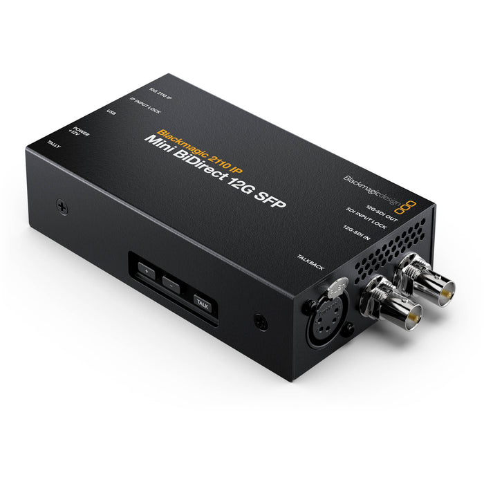 The Blackmagic Design 2110 IP Mini BiDirect 12G SFP Converter (model CONVNVIPF/IP/12GSFP) is a compact device designed to integrate 12G-SDI broadcast cameras with SMPTE-2110 IP video systems. It features a 12G-SDI connection supporting SD, HD, and Ultra HD standards up to 2160p60, and includes a 5-pin XLR talkback headset connection with volume control and a press-to-talk button. The converter also offers an SFP socket compatible with various optical modules, including 10G Ethernet, 3G-SDI, 6G-SDI or 12G-S.