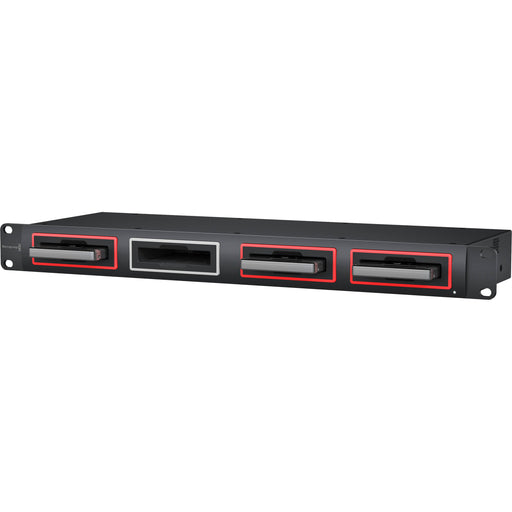 The Blackmagic Design MultiDock 10G (model DISKMDOCK4/U10G) is a professional-grade SSD docking station engineered for high-speed media workflows. It features a 1 RU rack-mountable design with four independent 2.5" SATA 3 6Gb/s slots, each equipped with its own SATA driver chip to ensure fast data transfer speeds. The device connects to computers via dual USB-C 3.1 Gen 2 ports, each supporting up to 10 Gb/s, allowing for simultaneous access to multiple SSDs.