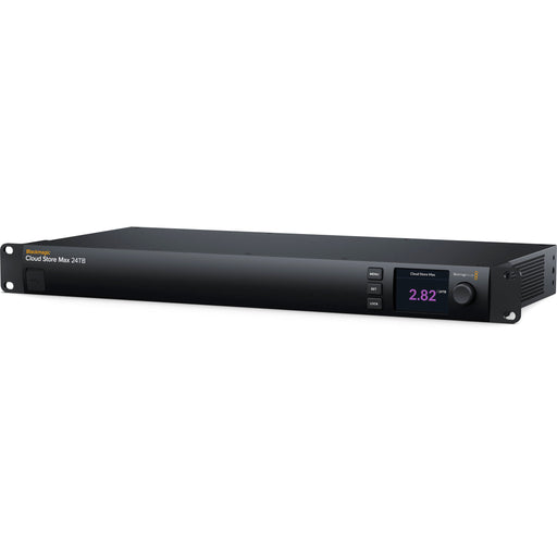 Blackmagic Design Cloud Store Max 24TB features 24TB of NVMe M.2 SSD storage, 1RU rackmount design, 4 x 10GBASE-T Ethernet ports, and cloud sync support for seamless data sharing.
