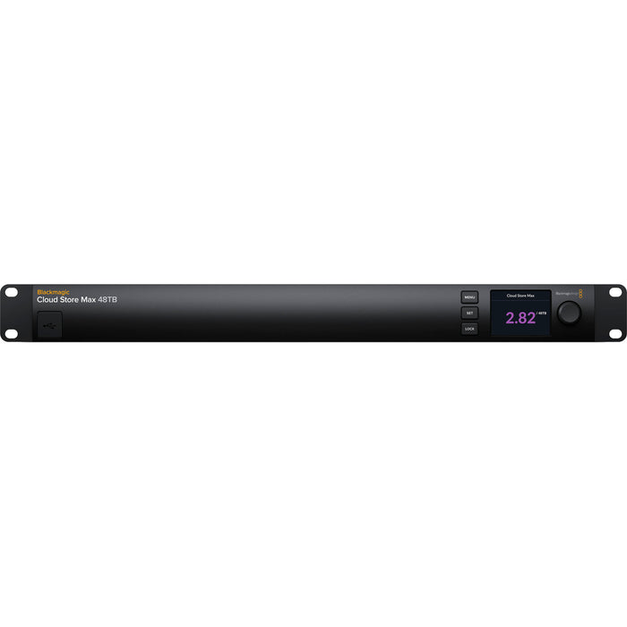 Blackmagic Design Cloud Store Max 48TB features 48TB of NVMe SSD storage, 1RU rackmount design, 4 x 10GBASE-T Ethernet ports, and cloud sync support for seamless collaboration.
