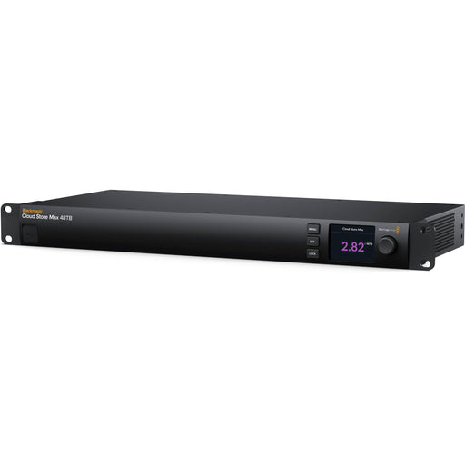 Blackmagic Design Cloud Store Max 48TB features 48TB of NVMe SSD storage, 1RU rackmount design, 4 x 10GBASE-T Ethernet ports, and cloud sync support for seamless collaboration.