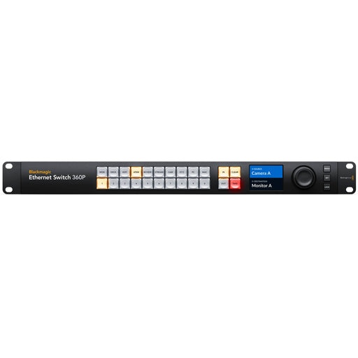 Blackmagic Ethernet Switch 360P (DWCSWAMODC360P) – 16 x 10G Ethernet ports, 2 x 100G ports, HDMI monitoring, and plug-and-play for high-performance video networking.