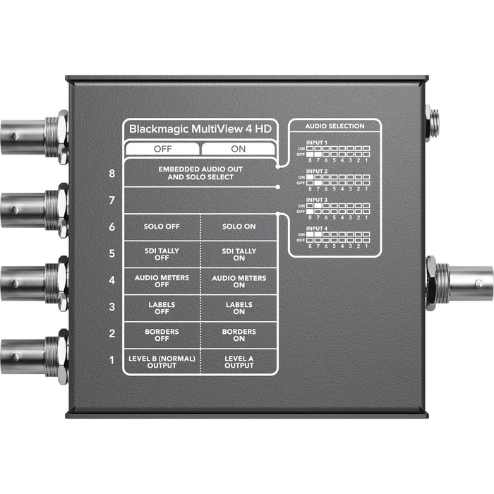 Blackmagic Design HDL-MULTIP3G/04HD MultiView 4 HD multiviewer with 4 SDI inputs, HDMI and SDI outputs, and customizable overlays for professional video monitoring.