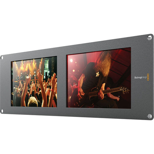 Blackmagic Design HDL-SMTVDUO2 SmartView Duo dual 8-inch LCD monitors with auto-switching SDI inputs, integrated tally support, and remote configuration.