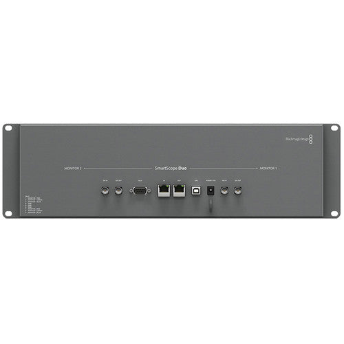 Blackmagic Design HDL-SMTWSCOPEDUO4K2 SmartScope Duo 4K 2 with dual 8-inch LCD monitors, auto-sensing SDI inputs, waveform displays, and tally support.