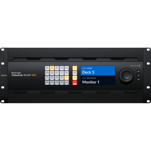Blackmagic Design Videohub 80x80 12G - 80x12G-SDI inputs and 80x12G-SDI outputs, zero-latency routing, SDI re-clocking, Ethernet control, redundant power, and software support for HD/Ultra HD.