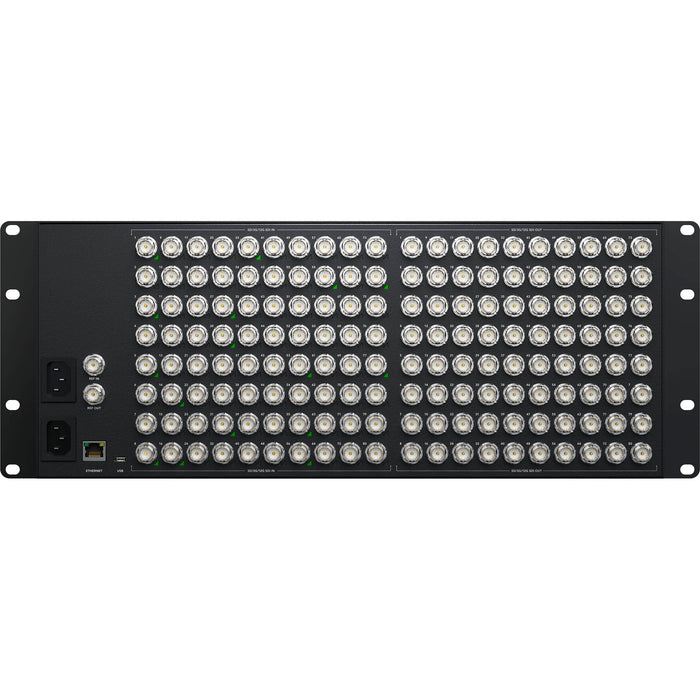 Blackmagic Design Videohub 80x80 12G - 80x12G-SDI inputs and 80x12G-SDI outputs, zero-latency routing, SDI re-clocking, Ethernet control, redundant power, and software support for HD/Ultra HD.