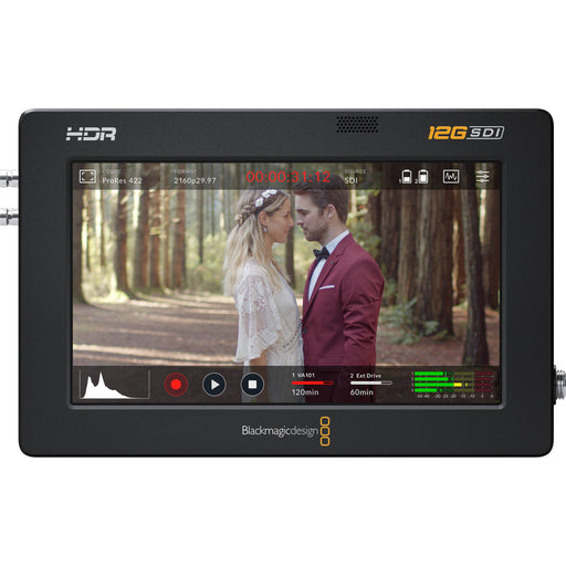 Blackmagic Video Assist 5" 12G HDR with 2500 nits brightness, 1920x1080 resolution, 12G-SDI, HDMI 2.0, ProRes/DNxHD recording, and advanced monitoring tools.