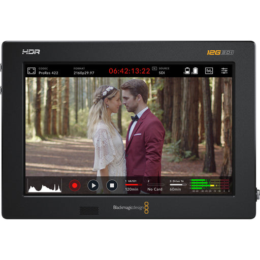 Blackmagic Video Assist 7" 12G HDR with 2500 nits brightness, 1920x1200 resolution, 12G-SDI, HDMI, ProRes/DNxHD recording, and advanced monitoring tools.