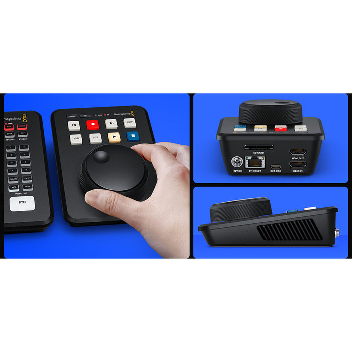 Blackmagic HyperDeck Shuttle HD with HDMI input/output, SD card and USB-C storage, ProRes/DNxHD recording, and built-in teleprompter functionality.
