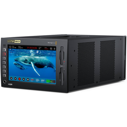 Blackmagic HyperDeck Extreme 4K HDR with 12G-SDI, HDMI 2.0 inputs/outputs, 7-inch touchscreen, CFast 2.0 card slots, and analog audio/video connectivity.