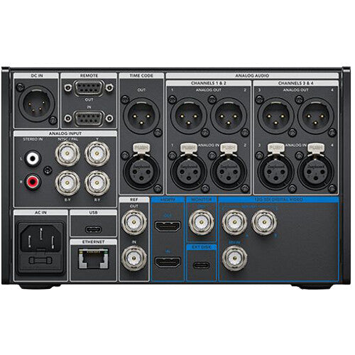 Blackmagic HyperDeck Extreme 4K HDR with 12G-SDI, HDMI 2.0 inputs/outputs, 7-inch touchscreen, CFast 2.0 card slots, and analog audio/video connectivity.