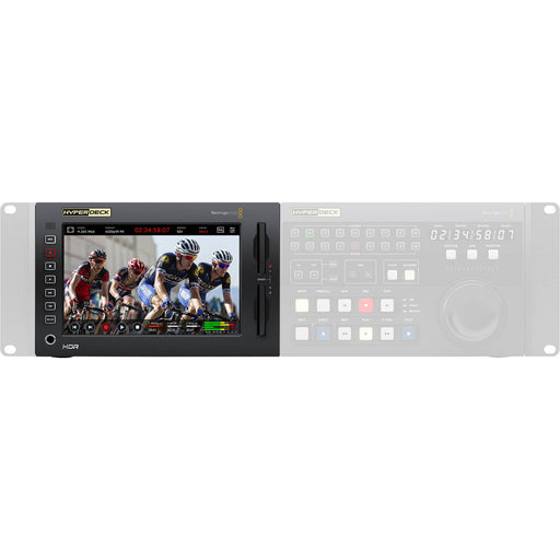 Blackmagic HyperDeck Extreme 8K HDR with 12G-SDI and HDMI I/O, 7-inch touchscreen, ProRes/H.265 recording, and 64-channel embedded audio support.
