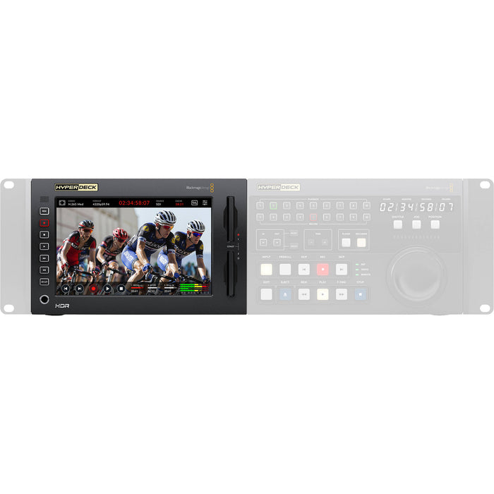 Blackmagic HyperDeck Extreme 8K HDR with 12G-SDI and HDMI I/O, 7-inch touchscreen, ProRes/H.265 recording, and 64-channel embedded audio support.