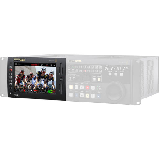 Blackmagic HyperDeck Extreme 8K HDR with 12G-SDI and HDMI I/O, 7-inch touchscreen, ProRes/H.265 recording, and 64-channel embedded audio support.