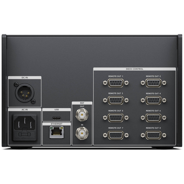 Blackmagic HyperDeck Extreme Control with 8 RS-422 ports, Tri-Sync reference input, 1Gb Ethernet, 4-pin XLR power, and 3RU rack compatibility.