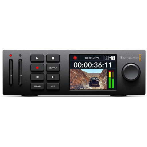 Blackmagic HyperDeck Studio HD Plus with 6G-SDI, HDMI I/O, dual SD card slots, USB-C external recording, ProRes/DNxHD support, and compact 1RU design.