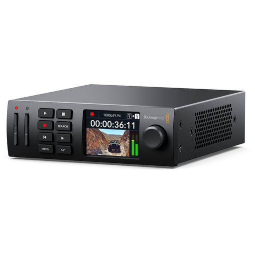 Blackmagic HyperDeck Studio HD Plus with 6G-SDI, HDMI I/O, dual SD card slots, USB-C external recording, ProRes/DNxHD support, and compact 1RU design.