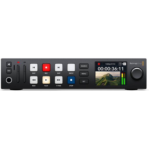 Blackmagic HyperDeck Studio HD with 6G-SDI and HDMI I/O, dual SD card slots, USB-C external recording, ProRes/DNxHD support, and compact 1RU design.
