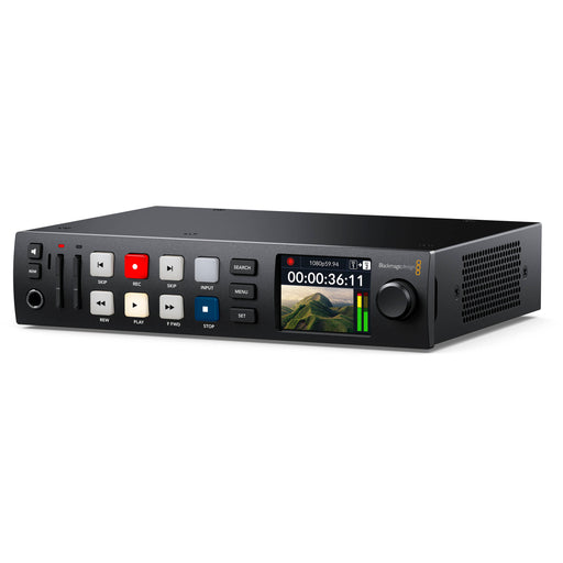 Blackmagic HyperDeck Studio HD with 6G-SDI and HDMI I/O, dual SD card slots, USB-C external recording, ProRes/DNxHD support, and compact 1RU design.