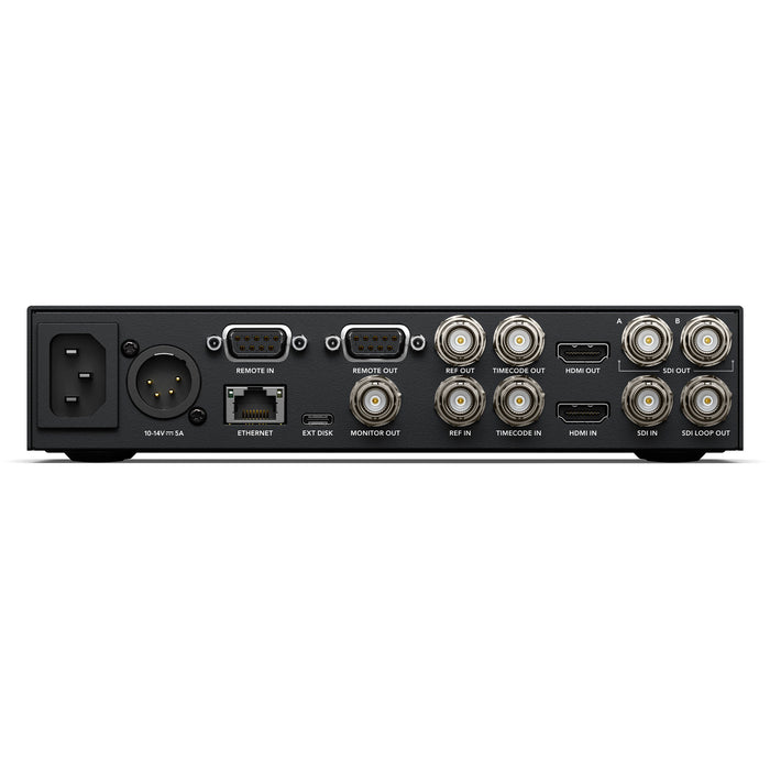 Blackmagic HyperDeck Studio HD with 6G-SDI and HDMI I/O, dual SD card slots, USB-C external recording, ProRes/DNxHD support, and compact 1RU design.