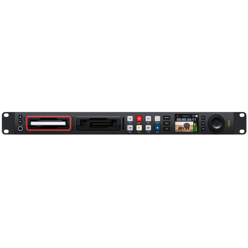 Blackmagic HyperDeck Studio 4K Pro with 12G-SDI, HDMI I/O, dual SD card slots, USB-C recording, ProRes/DNxHD support, and compact 1RU design.