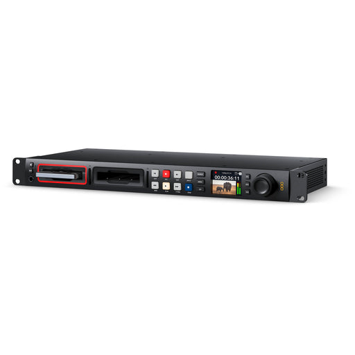 Blackmagic HyperDeck Studio 4K Pro with 12G-SDI, HDMI I/O, dual SD card slots, USB-C recording, ProRes/DNxHD support, and compact 1RU design.