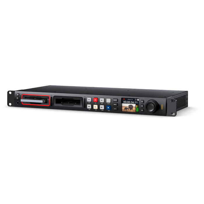 Blackmagic HyperDeck Studio 4K Pro with 12G-SDI, HDMI I/O, dual SD card slots, USB-C recording, ProRes/DNxHD support, and compact 1RU design.