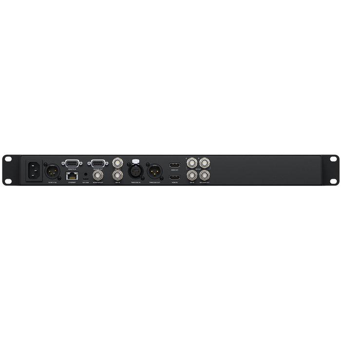 Blackmagic HyperDeck Studio 4K Pro with 12G-SDI, HDMI I/O, dual SD card slots, USB-C recording, ProRes/DNxHD support, and compact 1RU design.