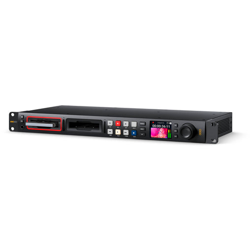 Blackmagic HyperDeck Studio 4K Pro with 12G-SDI, HDMI I/O, dual SD card slots, USB-C recording, ProRes/DNxHD support, and 1RU design.
