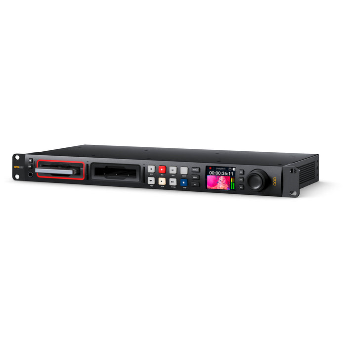 Blackmagic HyperDeck Studio 4K Pro with 12G-SDI, HDMI I/O, dual SD card slots, USB-C recording, ProRes/DNxHD support, and 1RU design.