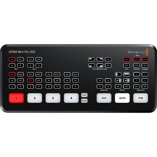 The Blackmagic Design ATEM Mini Pro ISO is a compact live production switcher featuring four HDMI inputs, an integrated control panel, and advanced recording capabilities. It allows for simultaneous recording of all input feeds and the program output, facilitating comprehensive post-production editing. The device supports direct live streaming via Ethernet and offers seamless integration with DaVinci Resolve for enhanced editing workflows. 