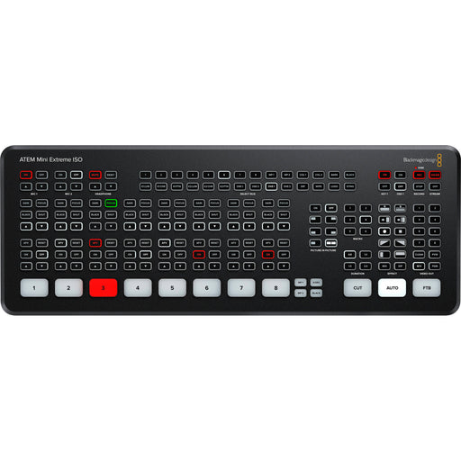 The Blackmagic Design ATEM Mini Extreme ISO is a professional-grade live production switcher featuring eight HDMI inputs, an integrated control panel, and advanced broadcast capabilities. It supports live streaming via Ethernet or USB-C and allows for simultaneous recording of all inputs and the program output. The switcher includes two HDMI outputs, two USB-C ports, a headphone connection, four chroma keyers, six picture-in-picture DVEs, two media players, and a multiview with up to 16 views.