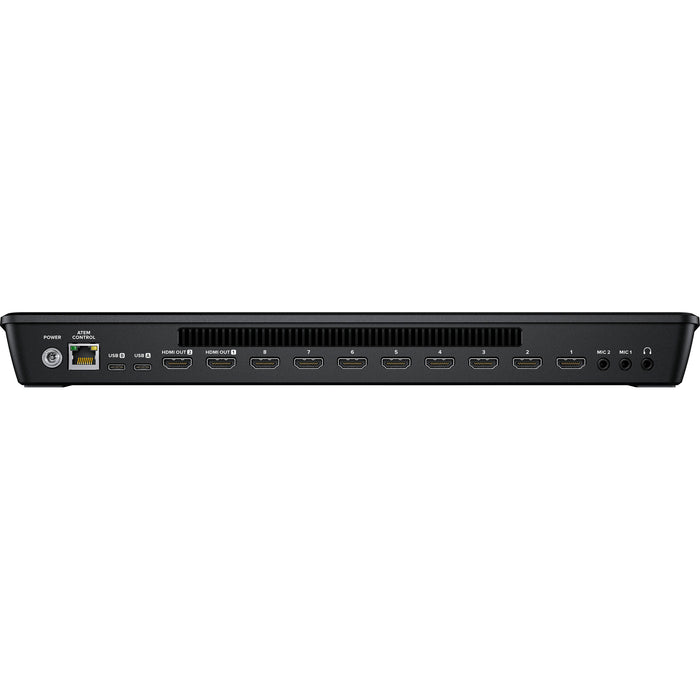 The Blackmagic Design ATEM Mini Extreme ISO is a professional-grade live production switcher featuring eight HDMI inputs, an integrated control panel, and advanced broadcast capabilities. It supports live streaming via Ethernet or USB-C and allows for simultaneous recording of all inputs and the program output. The switcher includes two HDMI outputs, two USB-C ports, a headphone connection, four chroma keyers, six picture-in-picture DVEs, two media players, and a multiview with up to 16 views.
