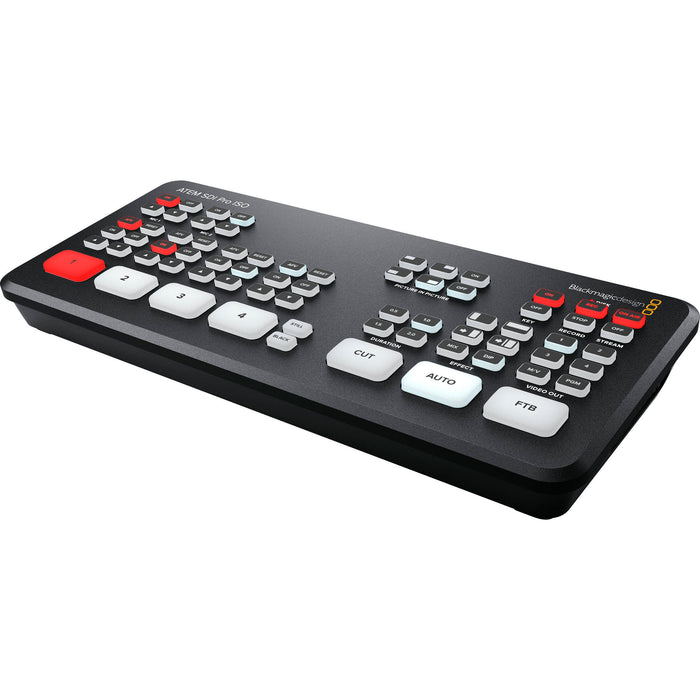 The Blackmagic Design ATEM Mini Extreme ISO is a professional-grade live production switcher featuring eight HDMI inputs, an integrated control panel, and advanced broadcast capabilities. It supports direct live streaming via Ethernet and allows for simultaneous recording of all inputs and the program output. The switcher includes two HDMI outputs, two USB-C ports, a headphone connection, four chroma keyers, six picture-in-picture DVEs, two media players, and a multiview with up to 16 views. 