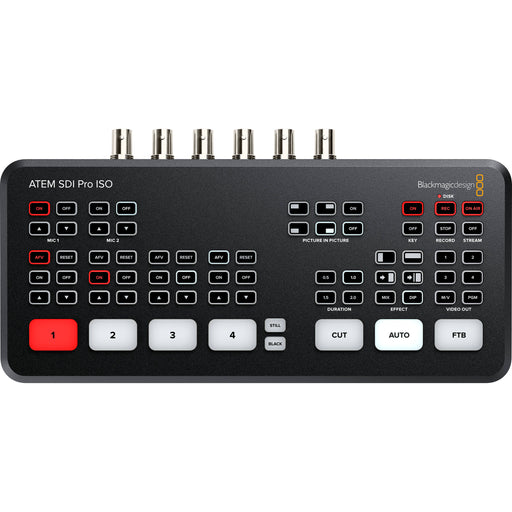 The Blackmagic Design ATEM Mini Extreme ISO is a professional-grade live production switcher featuring eight HDMI inputs, an integrated control panel, and advanced broadcast capabilities. It supports direct live streaming via Ethernet and allows for simultaneous recording of all inputs and the program output. The switcher includes two HDMI outputs, two USB-C ports, a headphone connection, four chroma keyers, six picture-in-picture DVEs, two media players, and a multiview with up to 16 views. 