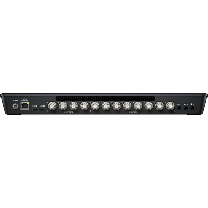 The Blackmagic Design ATEM Mini Extreme ISO is a professional-grade live production switcher featuring eight HDMI inputs, an integrated control panel, and advanced broadcast capabilities. It supports direct live streaming via Ethernet and allows for simultaneous recording of all inputs and the program output. The switcher includes two HDMI outputs, two USB-C ports, a headphone connection, four chroma keyers, six picture-in-picture DVEs, two media players, and a multiview with up to 16 views.
