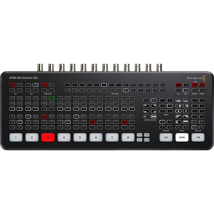 The Blackmagic Design ATEM Mini Extreme ISO is a professional-grade live production switcher featuring eight HDMI inputs, an integrated control panel, and advanced broadcast capabilities. It supports direct live streaming via Ethernet and allows for simultaneous recording of all inputs and the program output. The switcher includes two HDMI outputs, two USB-C ports, a headphone connection, four chroma keyers, six picture-in-picture DVEs, two media players, and a multiview with up to 16 views.