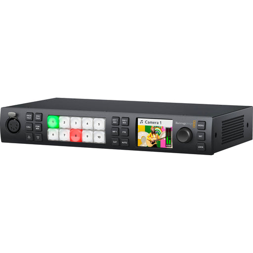 The Blackmagic Design ATEM 1 M/E Advanced Panel is a professional hardware control panel designed for seamless integration with ATEM switchers. It features a single M/E row with 10 input buttons, an LCD information display surrounded by soft-touch menu buttons and rotary encoders, and a professional joystick for DVE control. The panel connects via Ethernet, providing hands-on tactile control essential for broadcast studios. Its compact size and durable design make it suitable for portable broadcast setups.