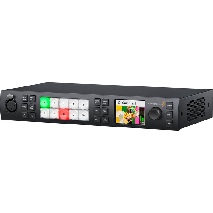The Blackmagic Design ATEM 1 M/E Advanced Panel is a professional hardware control panel designed for seamless integration with ATEM switchers. It features a single M/E row with 10 input buttons, an LCD information display surrounded by soft-touch menu buttons and rotary encoders, and a professional joystick for DVE control. The panel connects via Ethernet, providing hands-on tactile control essential for broadcast studios. Its compact size and durable design make it suitable for portable broadcast setups.