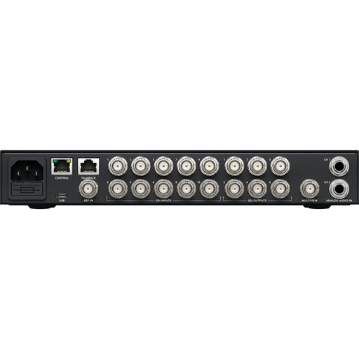 The Blackmagic Design ATEM 1 M/E Advanced Panel is a professional hardware control panel designed for seamless integration with ATEM switchers. It features a single M/E row with 10 input buttons, an LCD information display surrounded by soft-touch menu buttons and rotary encoders, and a professional joystick for DVE control. The panel connects via Ethernet, providing hands-on tactile control essential for broadcast studios. Its compact size and durable design make it suitable for portable broadcast setups.